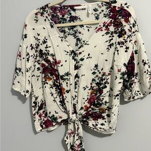 Urban Outfitters Floral Tie-Front Blouse - Cream and Burgundy